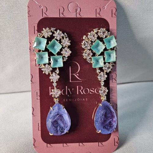 Brinco Luxo Pedras Verde Água e Gota Roxa – Lady Rose Semijoias