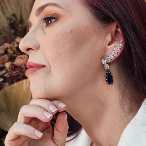 Brinco Ear Cuff Cristal com Gota Azul Safira – Lady Rose Semijoias